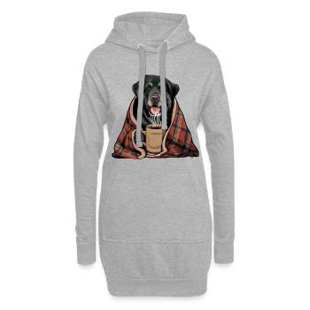 Münsterländer Hund mit Decke und Kaffeebecher - Hoodie-Kleid - Grau meliert - Vorne