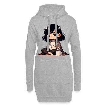 Personnage d’anime confortable avec boisson chaude - Sweat-shirt à capuche long Femme - gris chiné - Devant