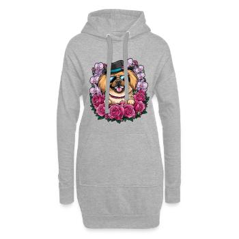 Cartoon Pekinese mit Orchideen und Rosen - Hoodie-Kleid - Grau meliert - Vorne