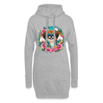 Cartoon Pekinese mit Orchideen und Rosen - Hoodie-Kleid - Grau meliert - Vorne