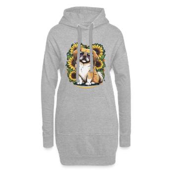 Sommerliches Sonnenblumenmotiv mit süßem Pekinese. - Hoodie-Kleid - Grau meliert - Vorne