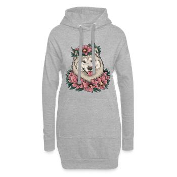 Samojede Spitz im Cartoonstil mit schönen Blumen - Hoodie-Kleid - Grau meliert - Vorne