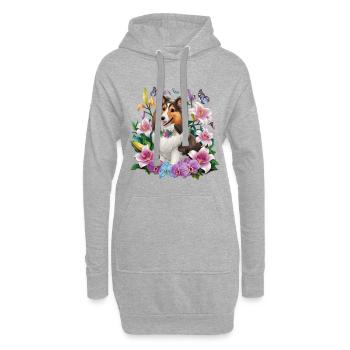 Sheltie mit Orchideen, Lillien und Schmetterlingen - Hoodie-Kleid - Grau meliert - Vorne