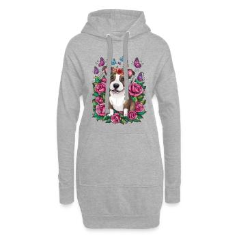 Dessin animé mignon Staffordshire bull terrier avec des roses - Sweat-shirt à capuche long Femme - gris chiné - Devant