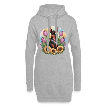 Doberman Pinscher aux tournesols et tulipes - Sweat-shirt à capuche long Femme - gris chiné - Devant
