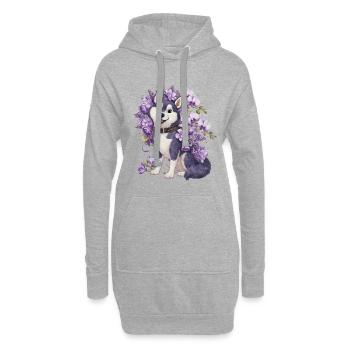 Mignon husky de dessin animé avec de jolies orchidées - Sweat-shirt à capuche long Femme - gris chiné - Devant