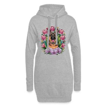 Dessin animé berger allemand avec des orchidées - Sweat-shirt à capuche long Femme - gris chiné - Devant