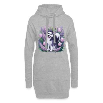 Dessin animé Husky avec des tulipes, lilas pour les fans de husky - Sweat-shirt à capuche long Femme - gris chiné - Devant
