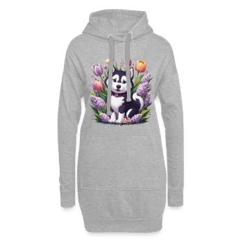 Dessin animé Husky avec des tulipes, lilas pour les fans de husky - Sweat-shirt à capuche long Femme - gris chiné - Devant