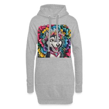Farbenfrohes Motiv mit Husky und schönen Blumen - Hoodie-Kleid - Grau meliert - Vorne