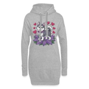 Süßer Cartoon Husky mit Flieder - Hoodie-Kleid - Grau meliert - Vorne