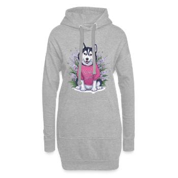 Süßer Cartoon Husky mit Flieder - Hoodie-Kleid - Grau meliert - Vorne