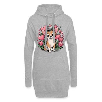 Süßes Tiermotiv mit Chihuahua, Tulpen und Herzen - Hoodie-Kleid - Grau meliert - Vorne