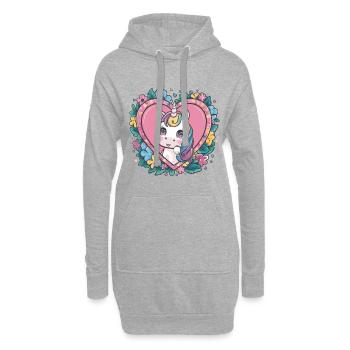 Licorne kawaii avec des fleurs et des cœurs - Sweat-shirt à capuche long Femme - gris chiné - Devant