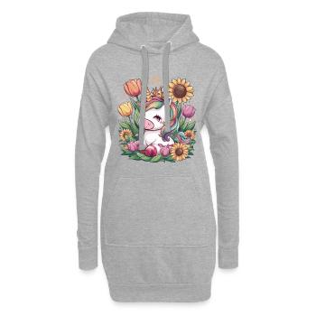Kawaii Einhorn mit Krone, Tulpen und Sonnenblmen - Hoodie-Kleid - Grau meliert - Vorne