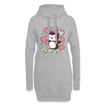 Dessin animé Kawaii Pingouin avec des cœurs et des étoiles - Sweat-shirt à capuche long Femme - gris chiné - Devant