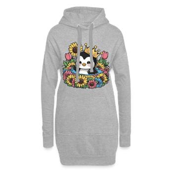 Kawaii Pinguin mit Krone, Tulpen und Sonnenblumen - Hoodie-Kleid - Grau meliert - Vorne