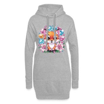 Cartoon Kawaii Fuchs mit farbenfrohen Blumen - Hoodie-Kleid - Grau meliert - Vorne