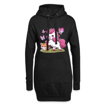 Kawaii Einhorn mit Katze und Schmetterlingen - Hoodie-Kleid - Schwarz - Vorne