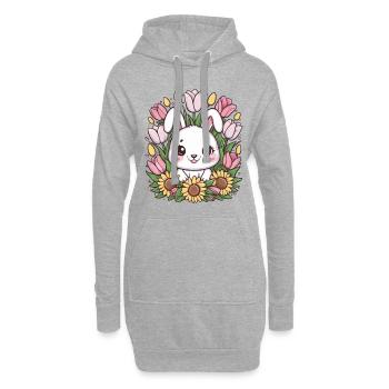 Lapin kawaii avec des tulipes et des tournesols - Sweat-shirt à capuche long Femme - gris chiné - Devant