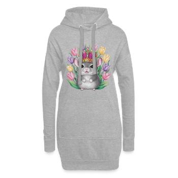 Kawaii Chinchilla mit Krone und bunten Tulpen - Hoodie-Kleid - Grau meliert - Vorne
