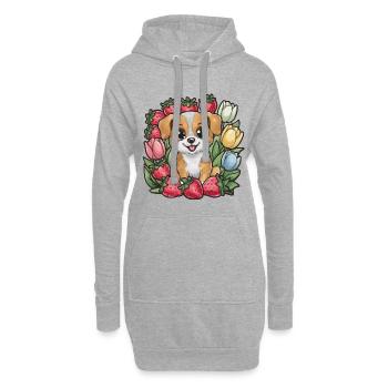 Kawaii Cartoon Hund mit Erdbeeren und Tulpen - Hoodie-Kleid - Grau meliert - Vorne