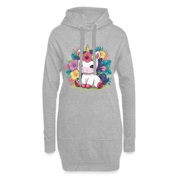 Cartoon Kawaii Einhorn mit Kiwi und Hibiskus - Hoodie-Kleid - Grau meliert - Vorne