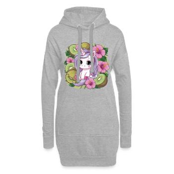 Cartoon Kawaii Einhorn mit Kiwi und Hibiskus - Hoodie-Kleid - Grau meliert - Vorne