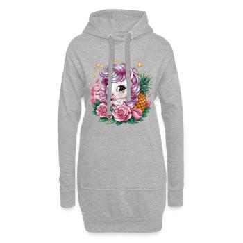 Süßes Cartoon Kawaii Einhorn mit Rosen & Ananas - Hoodie-Kleid - Grau meliert - Vorne