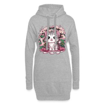 Kawaii Katze mit Kirschblüten und Kirschen - Hoodie-Kleid - Grau meliert - Vorne
