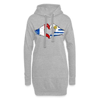 France Uruguay Drapeau Mains Coeur Utilisé - Sweat-shirt à capuche long Femme - gris chiné - Devant
