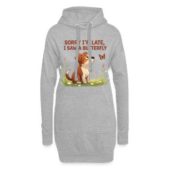 Motif de chien humoristique avec papillon - Sweat-shirt à capuche long Femme - gris chiné - Devant