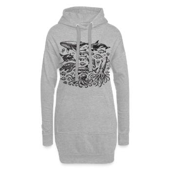 Océan Vintage : Gravure Animaux Marins - Sweat-shirt à capuche long Femme - gris chiné - Devant
