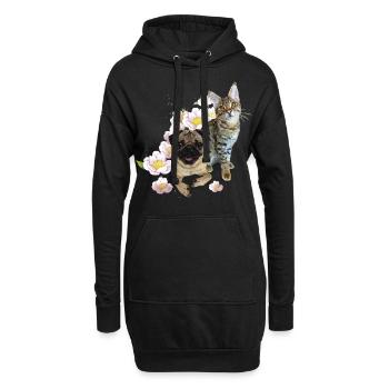Mops und Katze - Hoodie-Kleid - Schwarz - Vorne