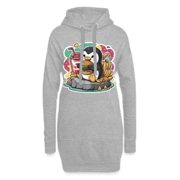 Pingouin avec boisson gazeuse, burger, frites - Sweat-shirt à capuche long Femme - gris chiné - Devant