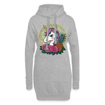 Süßes Cartoon Kawaii Einhorn mit Rosen & Ananas - Hoodie-Kleid - Grau meliert - Vorne