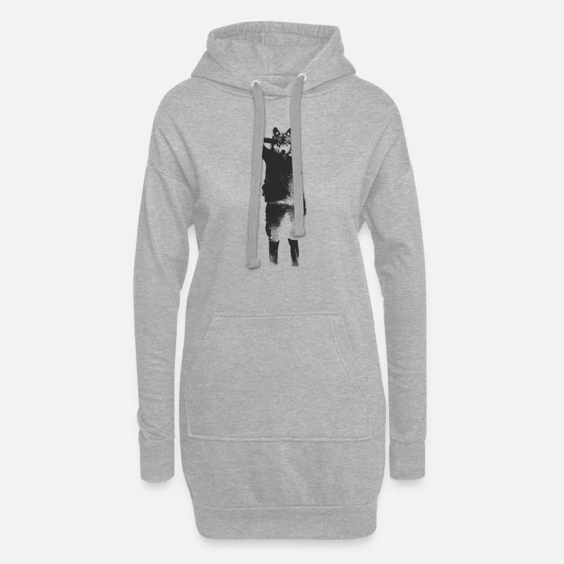 schwarze Wolf Abbildung - Hoodie-Kleid - Grau meliert