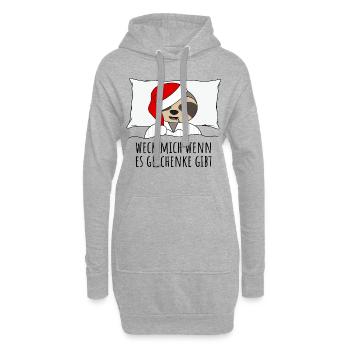 Weck mich wenn es Geschenke gibt Faultier im Bett - Hoodie-Kleid - Grau meliert - Vorne