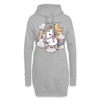 Kawaii Einhorn mit Wolken, Mond und Sternen - Hoodie-Kleid - Grau meliert - Vorne