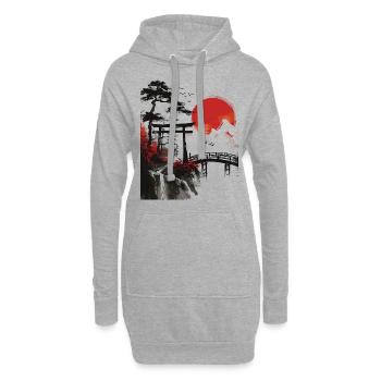 Japan Landschaft Roter Mond Bäume Vögel Bonsai - Hoodie-Kleid - Grau meliert - Vorne