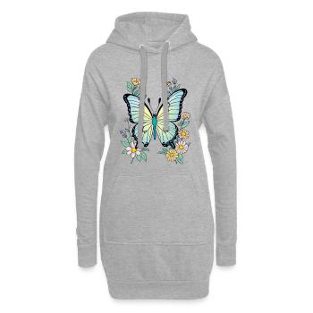 Papillon Bleu Avec Fleurs, Papillon - Sweat-shirt à capuche long Femme - gris chiné - Devant