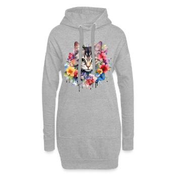 Katze Blumen Aquarell Zeichnung Kunst Bunt Floral - Hoodie-Kleid - Grau meliert - Vorne
