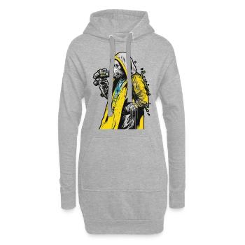 Hood woman wearing a face mask with a yellow - Sweat-shirt à capuche long Femme - gris chiné - Devant