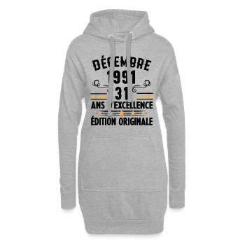 31 Ans Anniversaire Vintage Né(e) en Décembre 1991 - Sweat-shirt à capuche long Femme - gris chiné - Devant