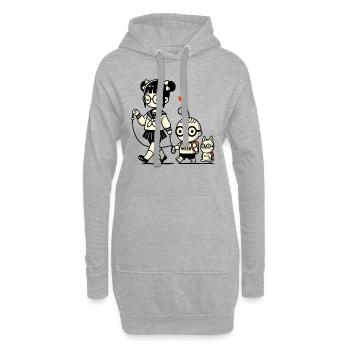 japanisches Schulmädchen, kleiner Brudermit Hund - Hoodie-Kleid - Grau meliert - Vorne