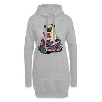 Bücherwurm-Mopshund liest Bücher Kunst - Hoodie-Kleid - Grau meliert - Vorne