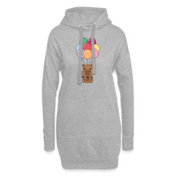 Capybara fliegt mit bunten Luftballons nach oben - Hoodie-Kleid - Grau meliert - Vorne
