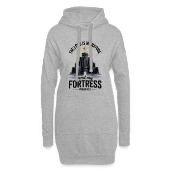 T-shirt de foi avec château, croix et verset biblique - Sweat-shirt à capuche long Femme - gris chiné - Devant