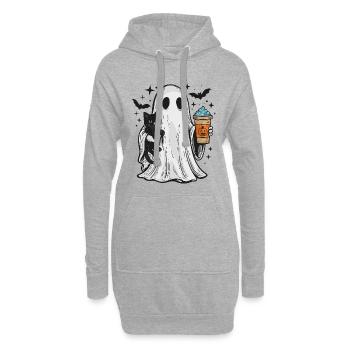 Halloween-Geist mit Katze und Kaffee - Hoodie-Kleid - Grau meliert - Vorne