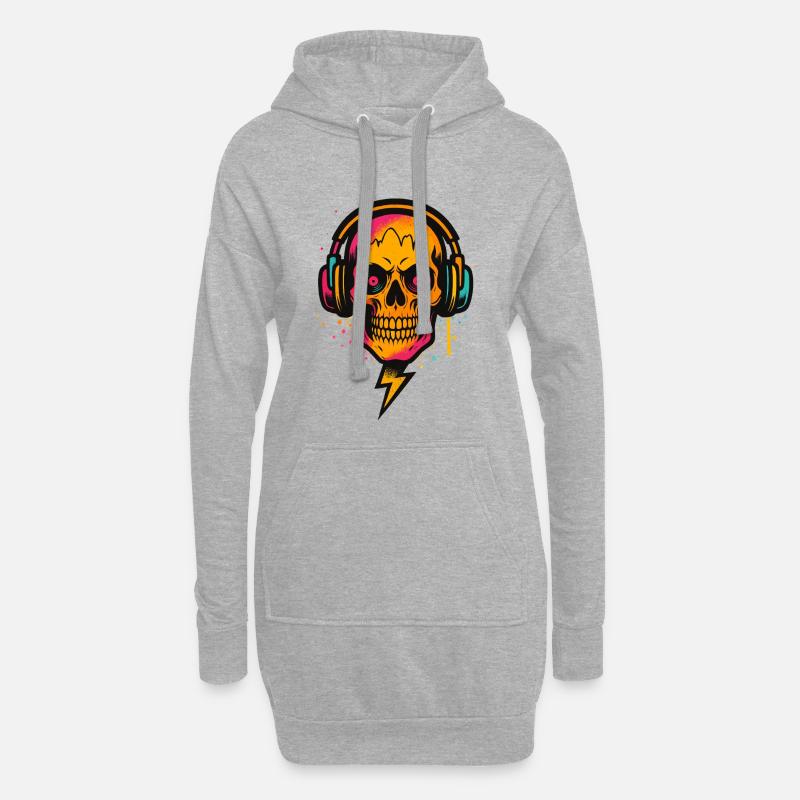 Neon Schädel DJ, Techno Rave, Kopfhörer Kunst - Hoodie-Kleid - Grau meliert